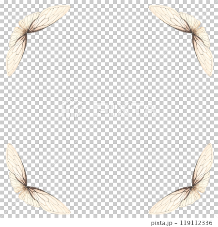 Insect wings hand painted watercolor square frame isolated on white. High quality illustration perfect for scrapbooking, posters, banners, cards, pillows, stickers design. Delicate creamy color 119112336