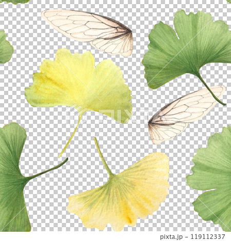 Ginkgo vibrant green yellow falling leaves, transparent insect wings seamless pattern. Hand-painted detailed textured watercolor perfect for textile, wrapping paper, packages decor, botanical designs 119112337