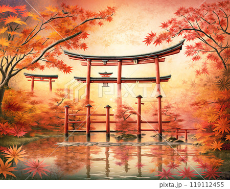 日本でよくみられる鳥居と最高の紅葉風景 119112455