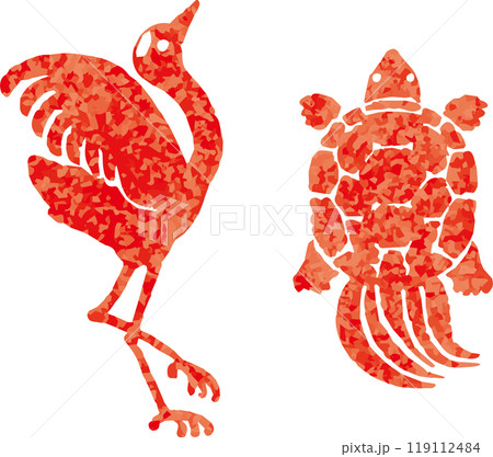 鶴亀　和風　版画　判子　切り絵　手描き　イラスト素材 119112484