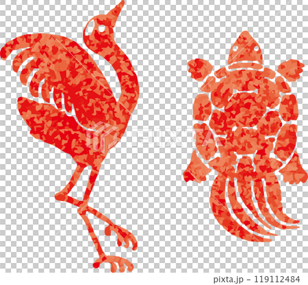 鶴亀　和風　版画　判子　切り絵　手描き　イラスト素材 119112484