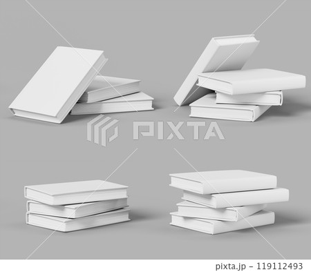 3d set of blank paper book stack mockup with white cover render. Isolated realistic template of closed school textbook, pile of bestseller publication, library or bookstore novelty. 3D illustration 3d set of blank paper book stack mockup with white cover render. Isolated realistic template of closed school textbook, pile of bestseller publication, library or bookstore novelty. 3D illustration 119112493