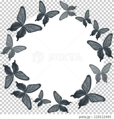 Black butterfly hand painted watercolor round frame isolated on white. High quality illustration perfect for scrapbooking, posters, cards, pillows, stickers, stationary design. Black and white color Black butterfly hand painted watercolor round frame isolated on white. High quality illustration perfect for scrapbooking, posters, cards, pillows, stickers, stationary design. Black and white color 119112495