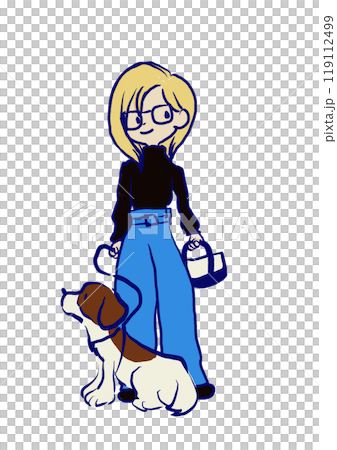 A woman walking a dog A woman walking a dog 119112499