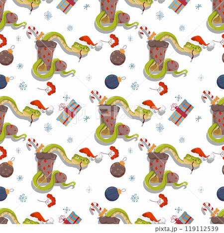 Seamless illustration on the theme of New year and Christmas A snake comes out of a sock with gifts 119112539