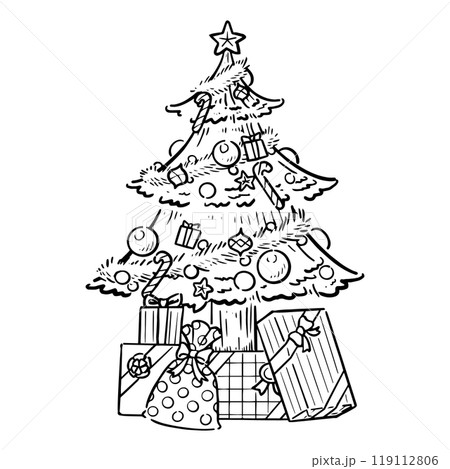 手書き プレゼントがいっぱいのクリスマスツリー モノクロ 手書き プレゼントがいっぱいのクリスマスツリー モノクロ 119112806