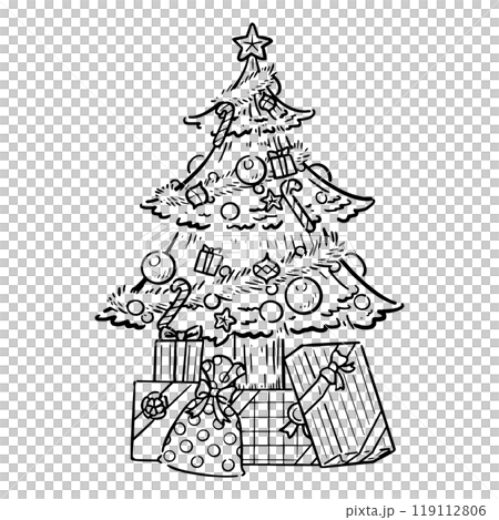 手書き プレゼントがいっぱいのクリスマスツリー モノクロ 手書き プレゼントがいっぱいのクリスマスツリー モノクロ 119112806