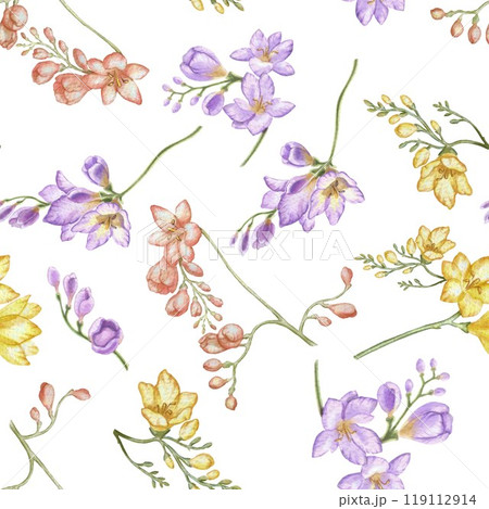 Flowering branches of freesia. Color pattern for printing fabric, bed linen, tablecloths, towels, curtains, wallpaper and gift paper. Watercolor illustration in vintage style for printing on tableware 119112914