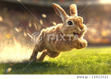 A cartoon hare in mid-jump, exhibiting a playful and funny expression as it races across a vibrant stadium. speed and joy 119113121