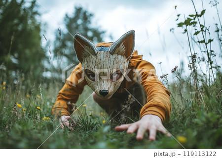A boy wearing a wooden dog mask, mimicking a cat on all fours in a grassy natural setting. The playful interaction with nature highlights a sense of adventure and imagination 119113122