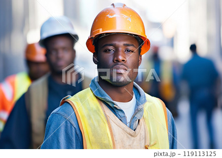 A construction worker wearing a helmet stands amidst a challenging environment, symbolizing resilience during an economic crisis. Black man worker 119113125