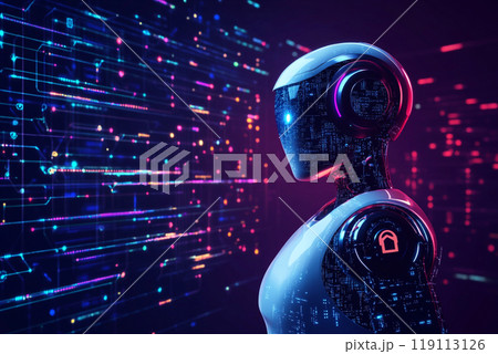 A sleek, futuristic robot stands in front of a digital display showcasing data analytics and SEO strategies. The robot is analyzing trends and technology, symbolizing the integration of AI 119113126