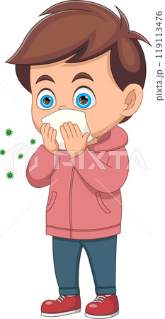 cartoon boy sick with flu 119113476
