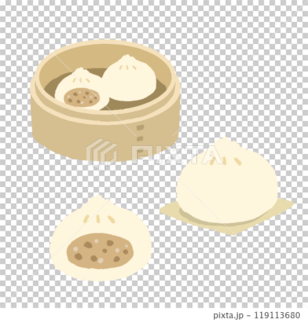 A set of steamed meat buns in a bamboo steamer 119113680