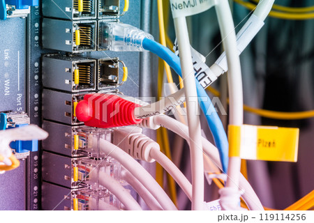 switch board with connected network cables 119114256