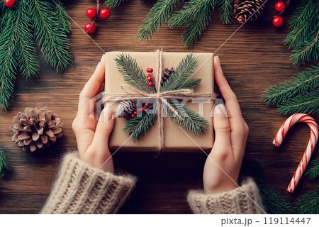 Hands holding a Christmas gift wrapped with natural twine, pine branches, and pinecones, surrounded by festive decor. 119114447