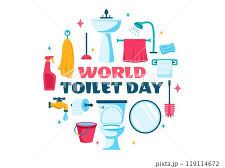 World Toilet Day Vector Illustration on November 19, featuring Earth and Bathroom Hygiene Equipment for Awareness in a Flat Style Cartoon Background 119114672