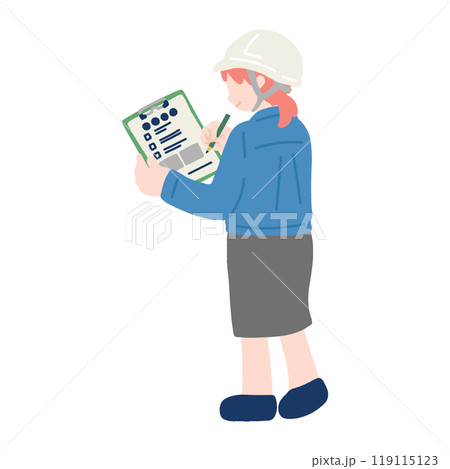 立ってチェックをするヘルメットをかぶった作業服・スカートの女性[後ろ姿]のフラットなイラスト 119115123