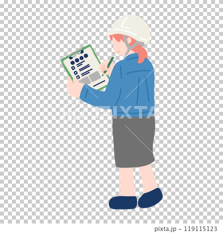 立ってチェックをするヘルメットをかぶった作業服・スカートの女性[後ろ姿]のフラットなイラスト 119115123