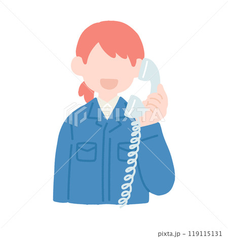 固定電話で通話しているシャツに作業服を着た女性のフラットなイラスト 119115131