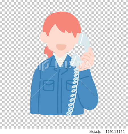 固定電話で通話しているシャツに作業服を着た女性のフラットなイラスト 119115131