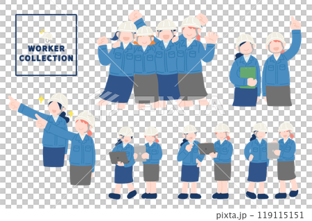 Flat illustrations of multiple women in helmets, work clothes and skirts (set) 119115151