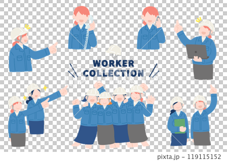 Flat illustration (set) of a woman [upper body] wearing a helmet, work clothes and a skirt 119115152
