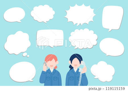 電話をするシャツに作業服を着た女性2人と吹き出しのフラットなイラスト(セット) 電話をするシャツに作業服を着た女性2人と吹き出しのフラットなイラスト(セット) 119115159