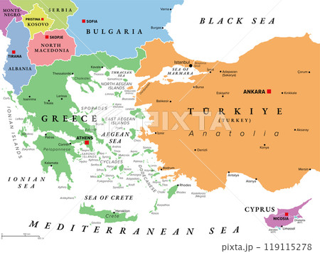 Aegean Sea region, with Aegean Islands, multi colored political map. Elongated embayment of the Mediterranean Sea, located between Europe and Asia, between the Balkans and Anatolia, Greece and Turkey. Aegean Sea region, with Aegean Islands, multi colored political map. Elongated embayment of the Mediterranean Sea, located between Europe and Asia, between the Balkans and Anatolia, Greece and Turkey. 119115278