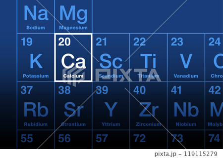 Calcium element on periodic table. Alkaline earth metal with atomic number 20 and symbol Ca from Latin calx, meaning lime. As electrolytes play a vital role in physiological and biochemical processes. Calcium element on periodic table. Alkaline earth metal with atomic number 20 and symbol Ca from Latin calx, meaning lime. As electrolytes play a vital role in physiological and biochemical processes. 119115279