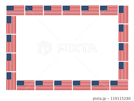 American flag pattern, horizontal rectangle frame. Decorative rectangular border, made of repeated, vertical and horizontal arranged national flags of the United States. Isolated illustration. Vector. American flag pattern, horizontal rectangle frame. Decorative rectangular border, made of repeated, vertical and horizontal arranged national flags of the United States. Isolated illustration. Vector. 119115280