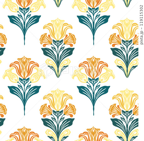 Vector art nouveau pattern with tracery yellow flowers in row. Texture with ornate blooming irises and freesias on white background 119115302
