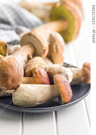 Fresh boletus mushrooms on plate on white table. 119115562