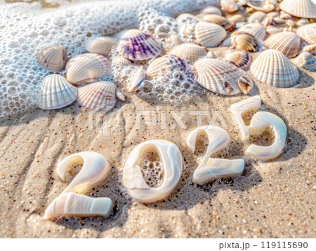 Shells, sandy beach, ocean waves, and 2025 numbers, capturing peaceful Christmas, concept 119115690