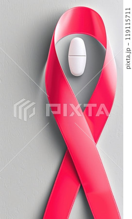 A simple white medical pill placed next to a red ribbon on gray background, symbolizing treatment and support for people with HIV/AIDS. 119115711