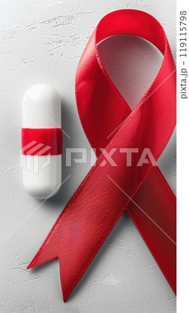 Symbolic red ribbon with medicine capsule promoting AIDS awareness support, healthcare concept Symbolic red ribbon with medicine capsule promoting AIDS awareness support, healthcare concept 119115798