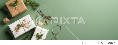 Gift wrapping with kraft paper, eco-friendly materials, pine branches, scissors, minimalist design, holiday packaging concept Gift wrapping with kraft paper, eco-friendly materials, pine branches, scissors, minimalist design, holiday packaging concept 119115967