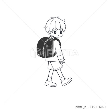 黒色のランドセルを背負った小学生の男の子_線画 119116027