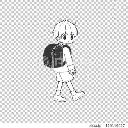 黒色のランドセルを背負った小学生の男の子_線画 119116027