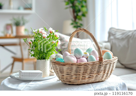 in a bright living room on a table with a white tablecloth, a wicker basket with Easter eggs in pastel colors 119116170