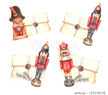 Nutcracker with old letter and spruce fir branch. Christmas set, post, gift arrangement. King, general or soldier Germany Xmas toy. Watercolor hand drawn illustration Invitation on isolated background 119116258