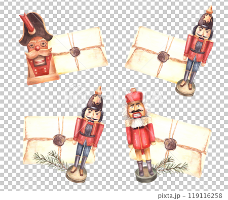 Nutcracker with old letter and spruce fir branch. Christmas set, post, gift arrangement. King, general or soldier Germany Xmas toy. Watercolor hand drawn illustration Invitation on isolated background 119116258