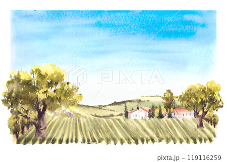 Landscape with field, houses, trees, vineyards hills and blue sky. Watercolor rural farm. Countryside nature of Tuscany, Italy or France for card, poster Hand drawn illustration on isolated background 119116259