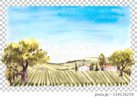 Landscape with field, houses, trees, vineyards hills and blue sky. Watercolor rural farm. Countryside nature of Tuscany, Italy or France for card, poster Hand drawn illustration on isolated background 119116259