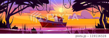 Fishing boat on lake at sunrise 119116328