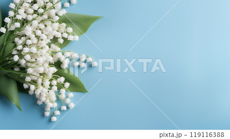 pale blue background with a bouquet of lilies of the valley, free space for text pale blue background with a bouquet of lilies of the valley, free space for text 119116388
