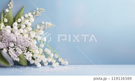 pale blue background with a bouquet of lilies of the valley, free space for text pale blue background with a bouquet of lilies of the valley, free space for text 119116389