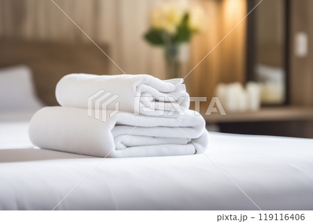 stack of neatly folded white towels on a bed in a hotel room 119116406