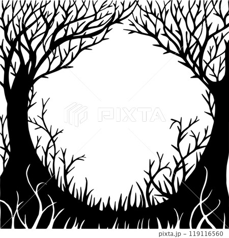 vector drawing, black and white magic forest frame. silhouette of a fabulous, magical forest. design for halloween. frame for cards, books 119116560