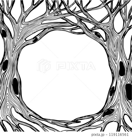 vector drawing, black and white magic forest frame. silhouette of a fabulous, magical forest. design for halloween. frame for cards, books 119116561